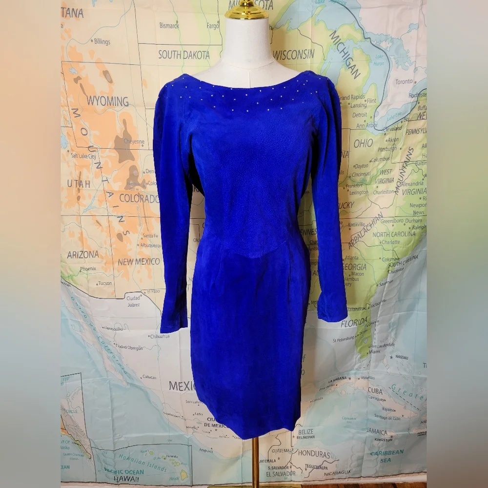 Vintage 1980s Suede Electric Blue Knee Length Dress With Rhinestones Size M - Picture 1 of 16